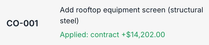 CO-001 add rooftop equipment screen — applied to the contract, +$14,202.00