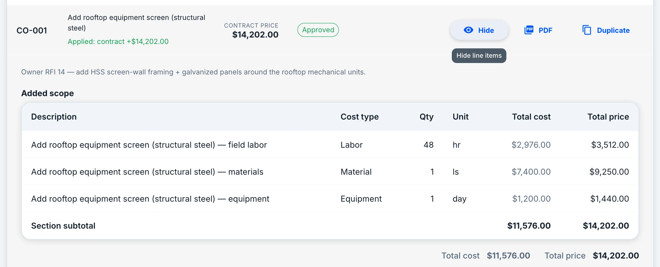 Change order CO-001, add rooftop equipment screen, approved and applied to the contract for $14,202.00 — labor, material and equipment lines totalling $11,576.00 cost and $14,202.00 price