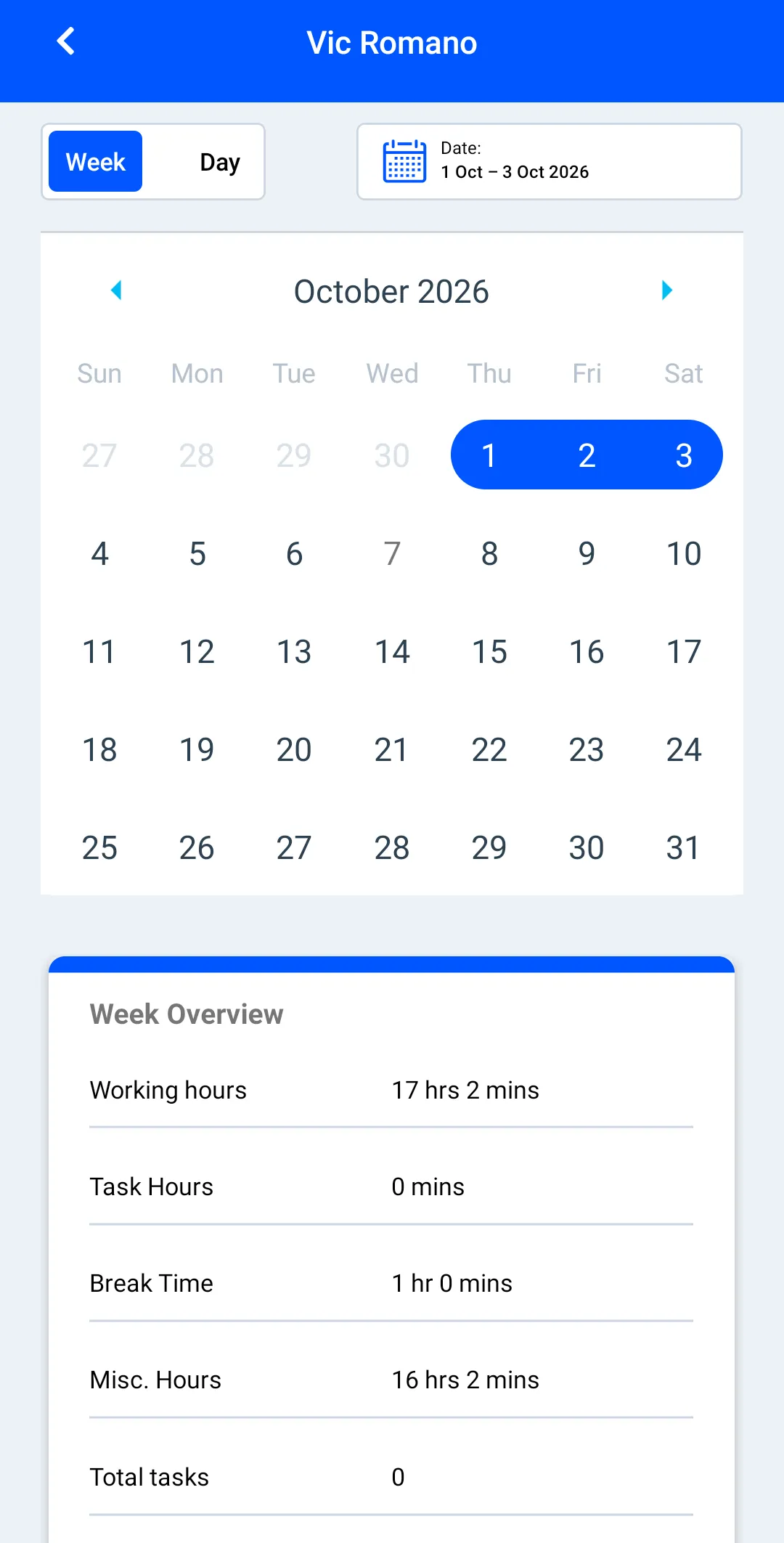 Worker Efficiency Android app Edit Timesheet screen for Vic Romano, a worker at Summit Steel Erectors (our demo company): Week view for 1 Oct – 3 Oct 2026 with 17 hrs 2 mins of working hours, 1 hr 0 mins of break time and 16 hrs 2 mins of misc. hours
