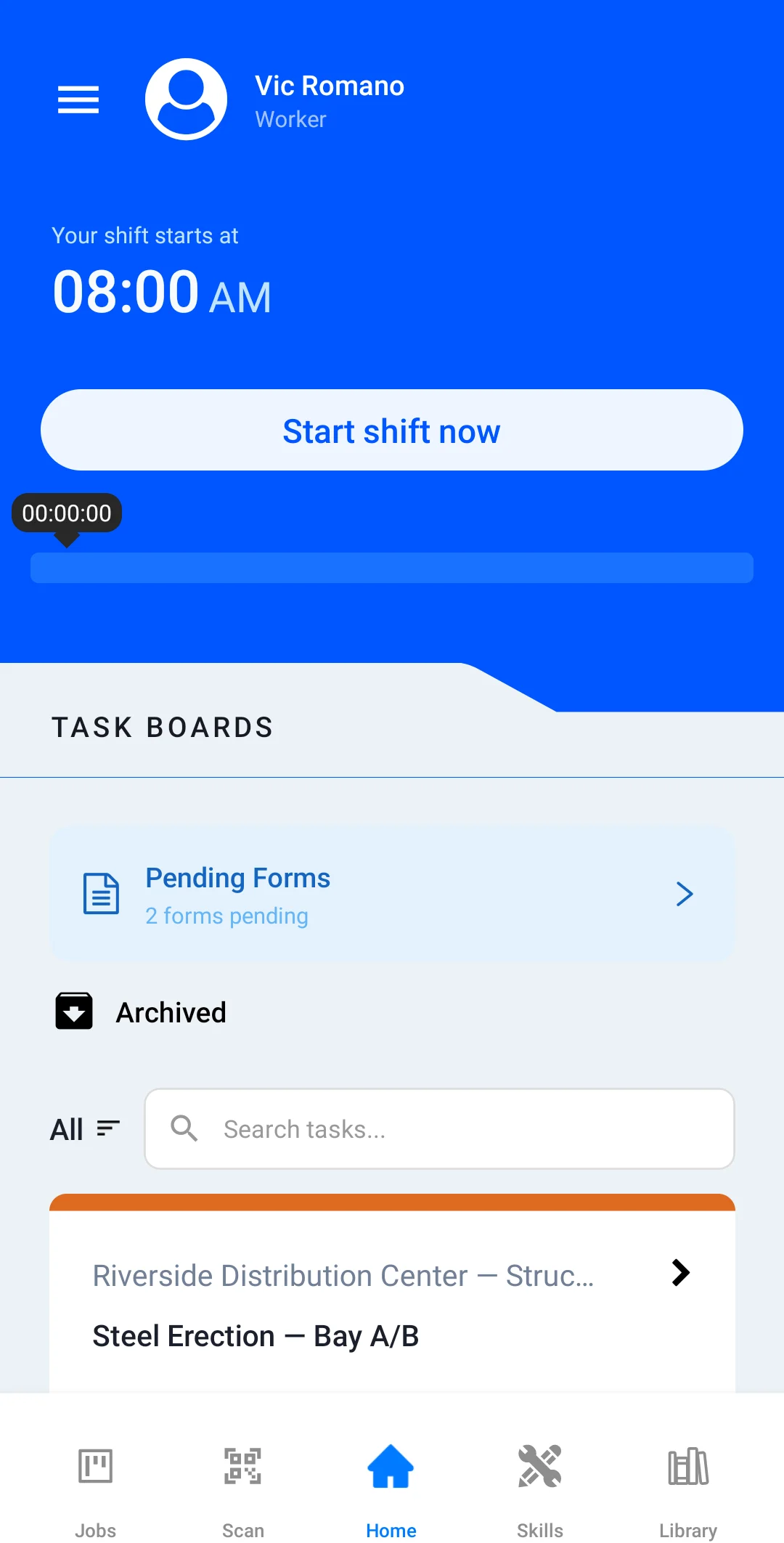 Worker Home in the Android app on Vic Romano’s phone: his shift starts at 08:00 AM, with a Start shift now button and his Riverside tasks below