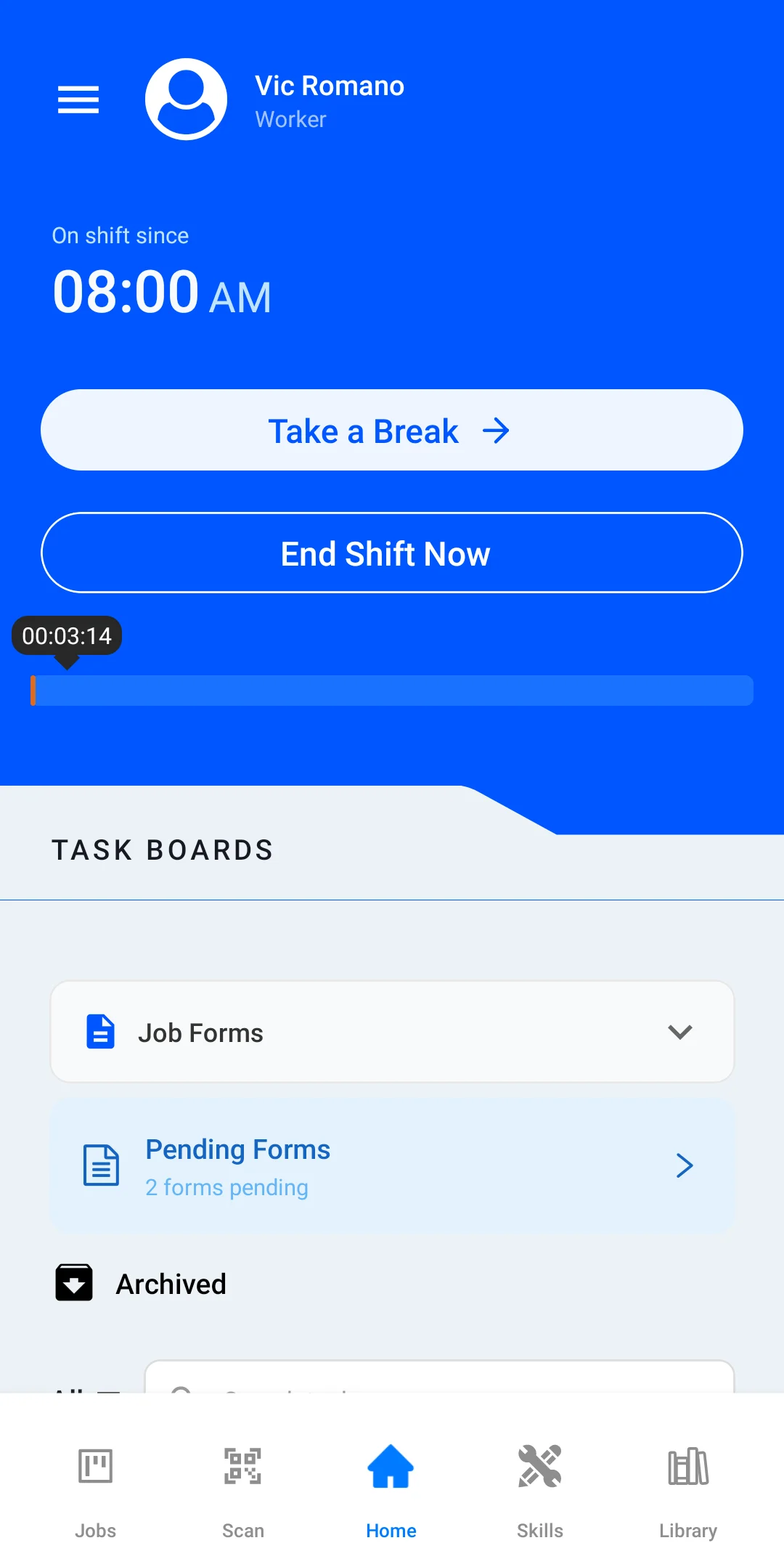 Shift running on Vic’s phone: Take a Break, End Shift Now, and the shift timer counting