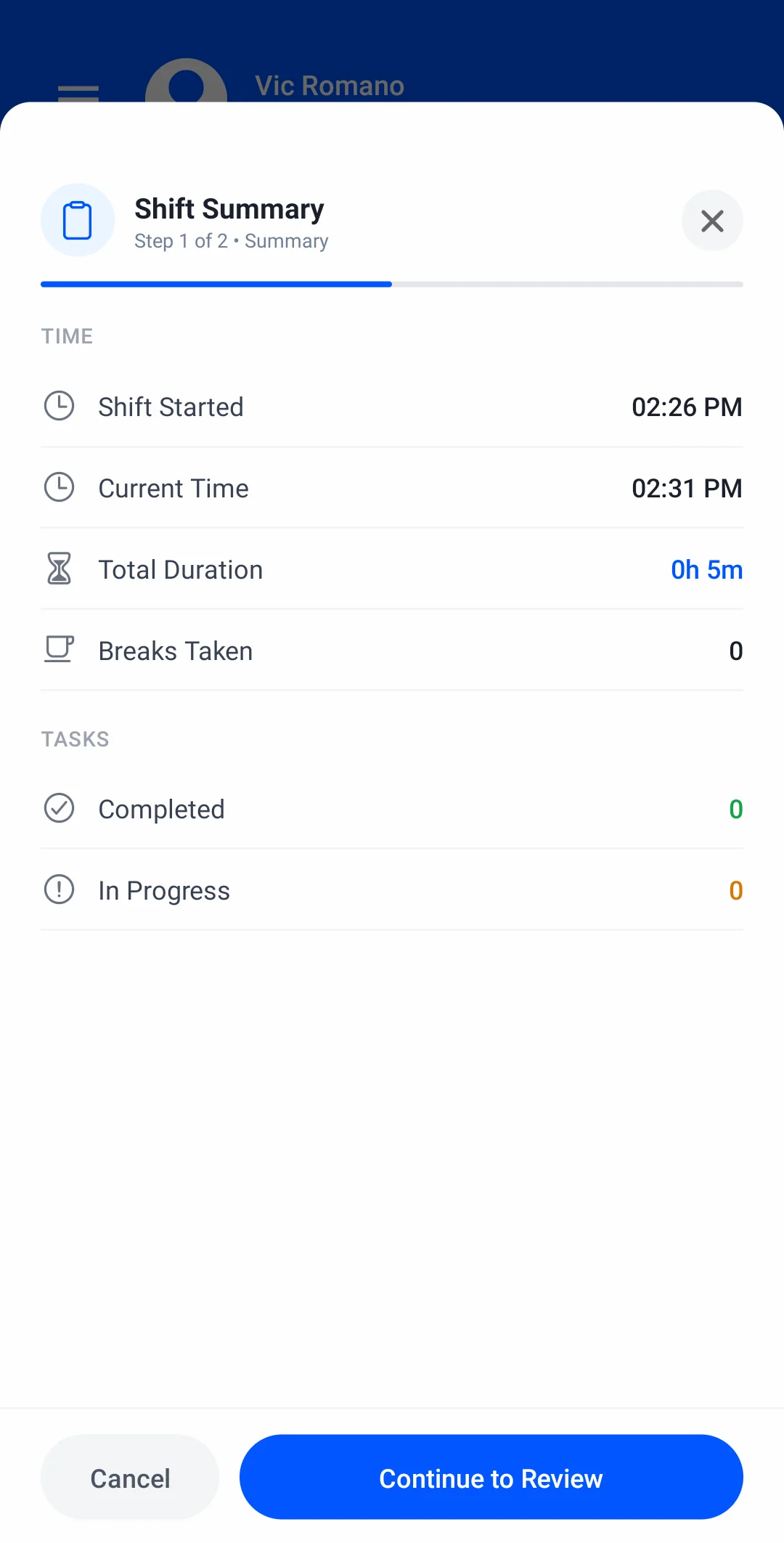 Shift Summary at clock-out, step 1 of 2: shift started 02:26 PM, total duration 0h 5m, no breaks, then Continue to Review