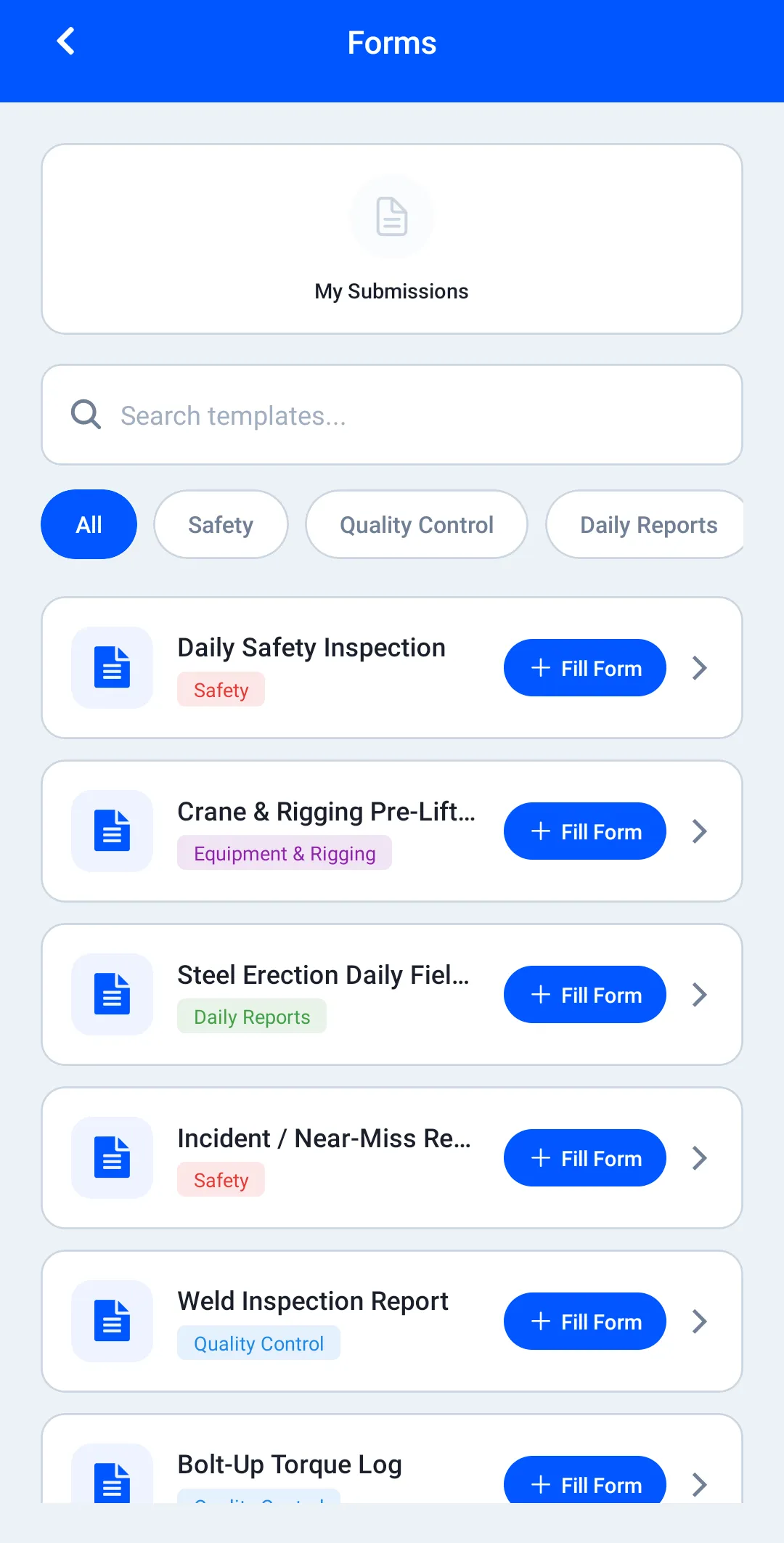 Worker Efficiency Android app Forms screen for a Summit Steel Erectors worker (our demo company): templates filtered by Safety, Quality Control and Daily Reports — Daily Safety Inspection, Crane & Rigging Pre-Lift, Steel Erection Daily Field report, Incident / Near-Miss report, Weld Inspection Report and Bolt-Up Torque Log — each with a Fill Form button