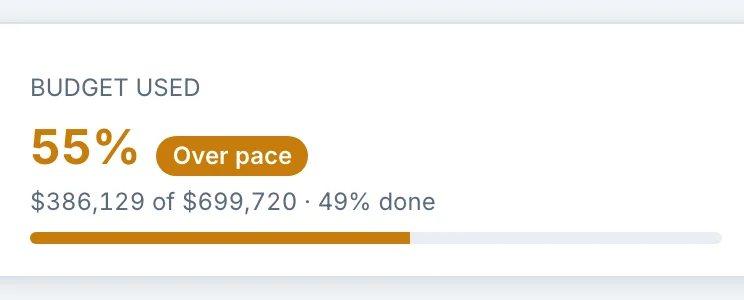 Budget used 55%, marked Over pace — $386,129 of $699,720 spent at 49% done