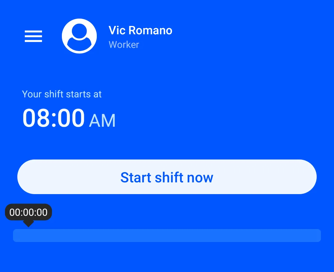Worker Efficiency Android app on Vic Romano’s phone at our demo company: his shift starts at 08:00 AM, with a big Start shift now button