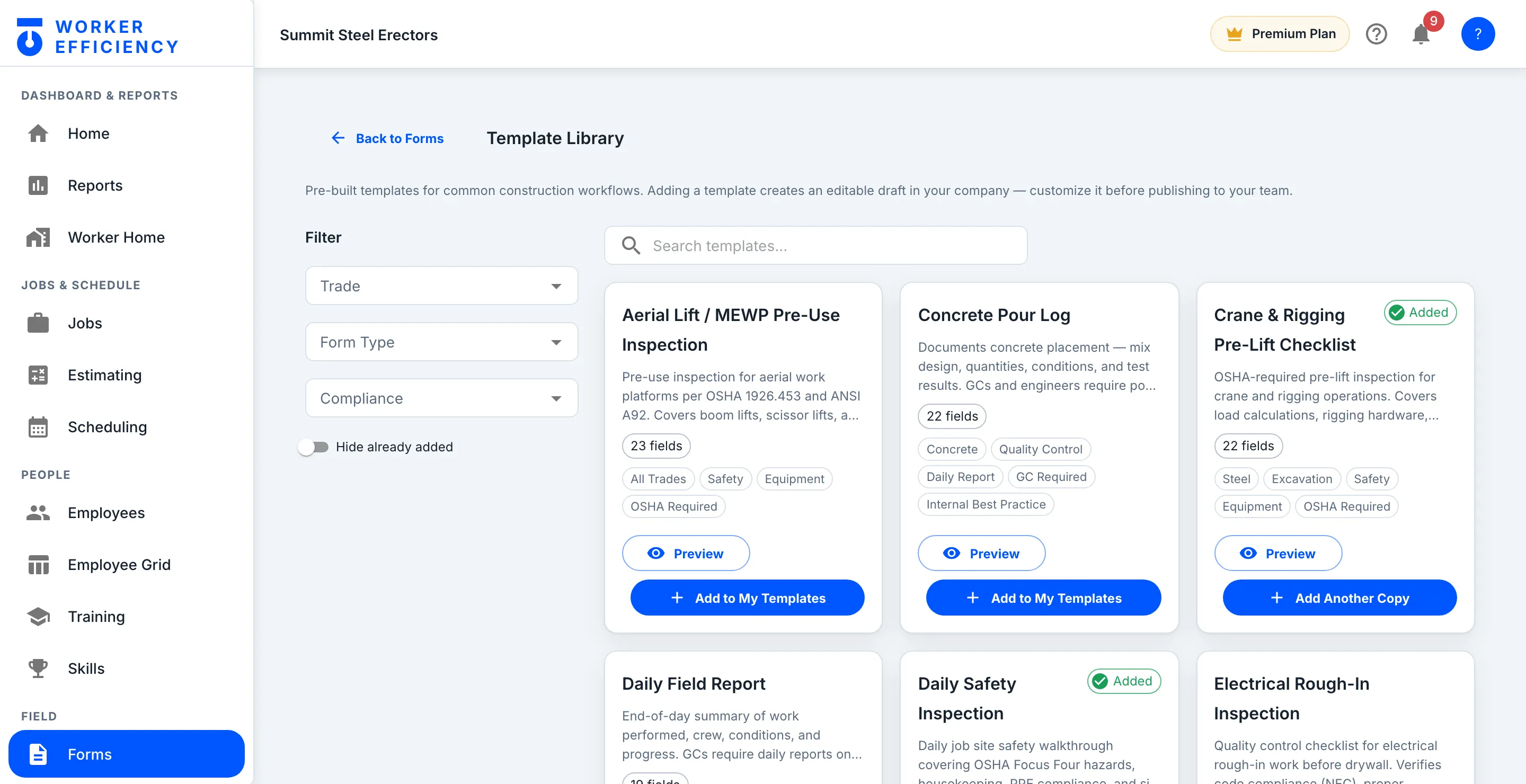 Worker Efficiency form template library: pre-built construction checklists such as an aerial lift pre-use inspection, a concrete pour log and a crane and rigging pre-lift checklist, ready to add and customize