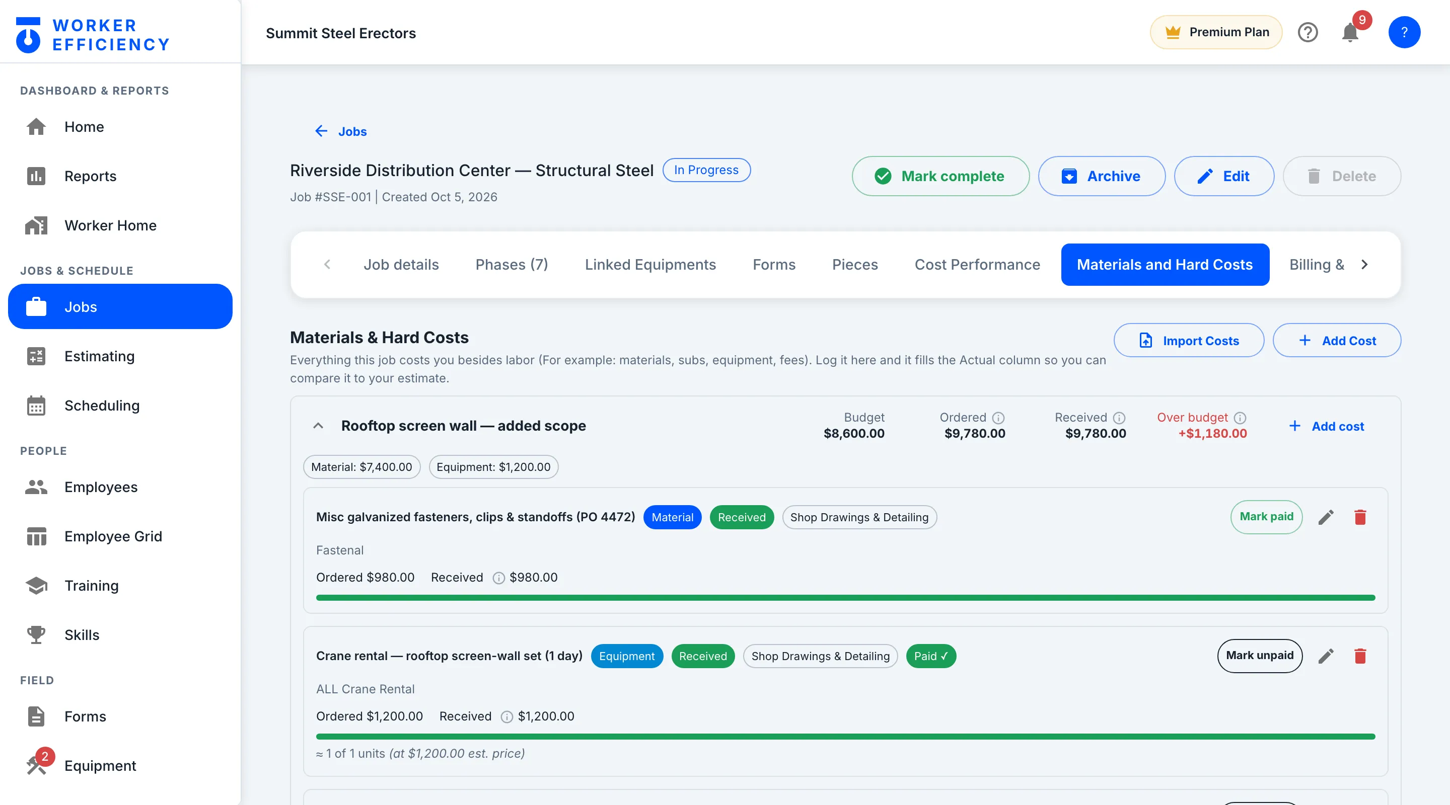 Worker Efficiency materials tab: a cost group with its budget, ordered and received amounts, flagged over budget, above its purchase lines