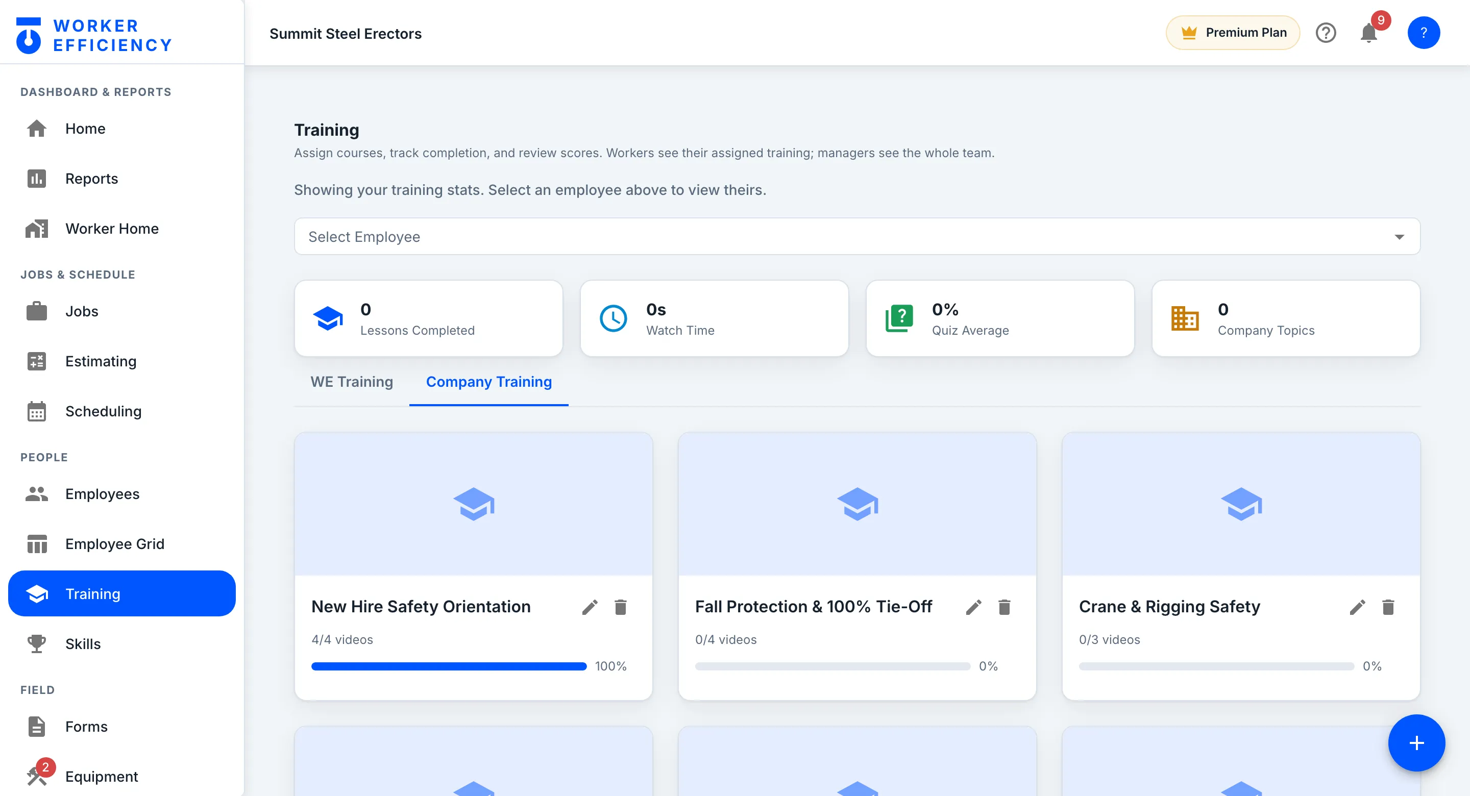 Worker Efficiency company training library: a company’s own safety courses, each with a video count and a progress bar for the person being viewed