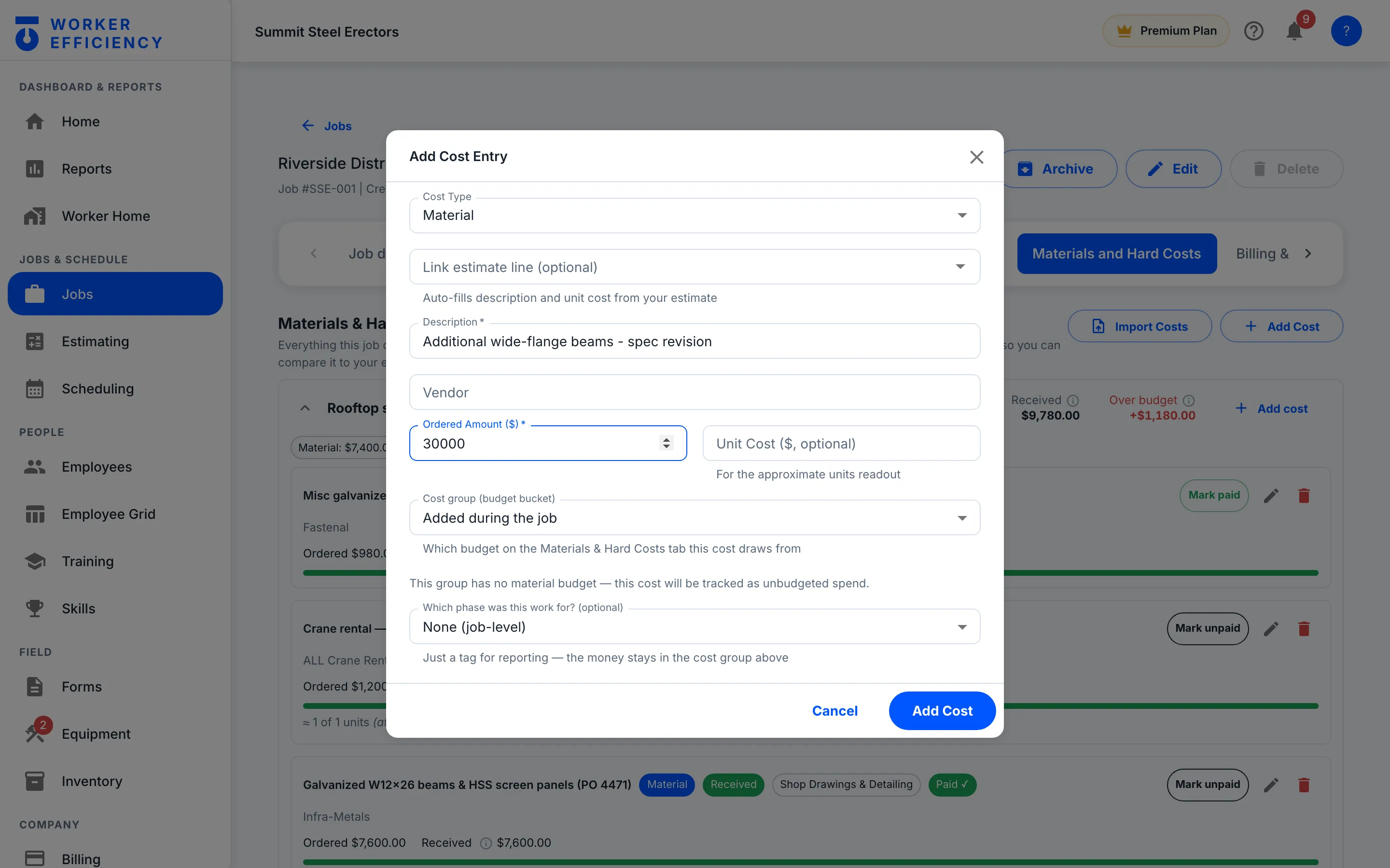Worker Efficiency Add Cost Entry dialog on the Riverside job: a material entry described as additional wide-flange beams - spec revision, with 30000 typed as the ordered amount and the Added during the job cost group selected, and a note reading this group has no material budget — this cost will be tracked as unbudgeted spend