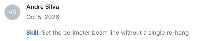 Andre Silva, Oct 5, 2026: “Set the perimeter beam line without a single re-hang”