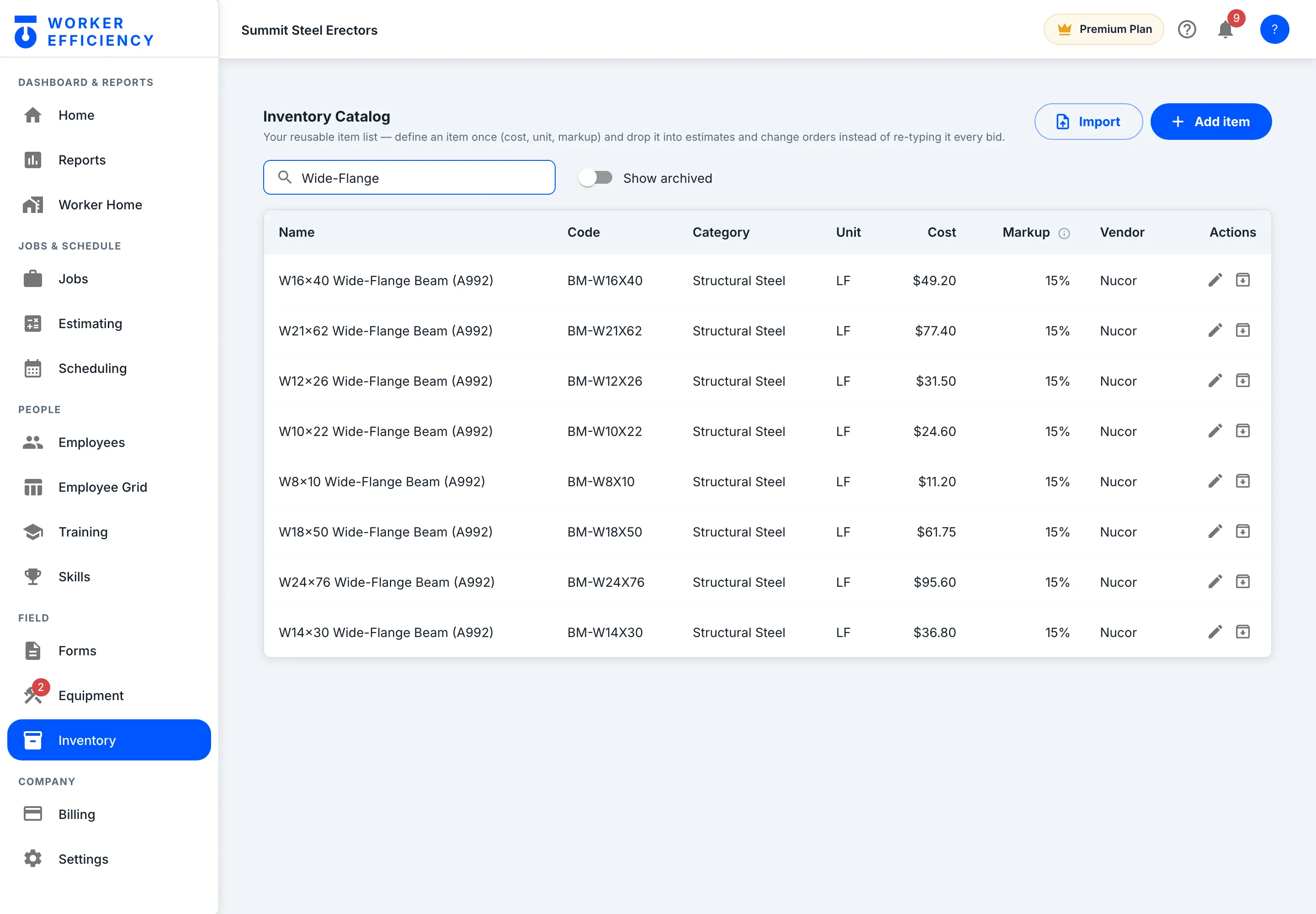 Worker Efficiency inventory catalog searched for Wide-Flange: W-beams from W8×10 to W24×76, each with its code, Structural Steel category, LF unit, cost, 15% markup and Nucor as vendor.