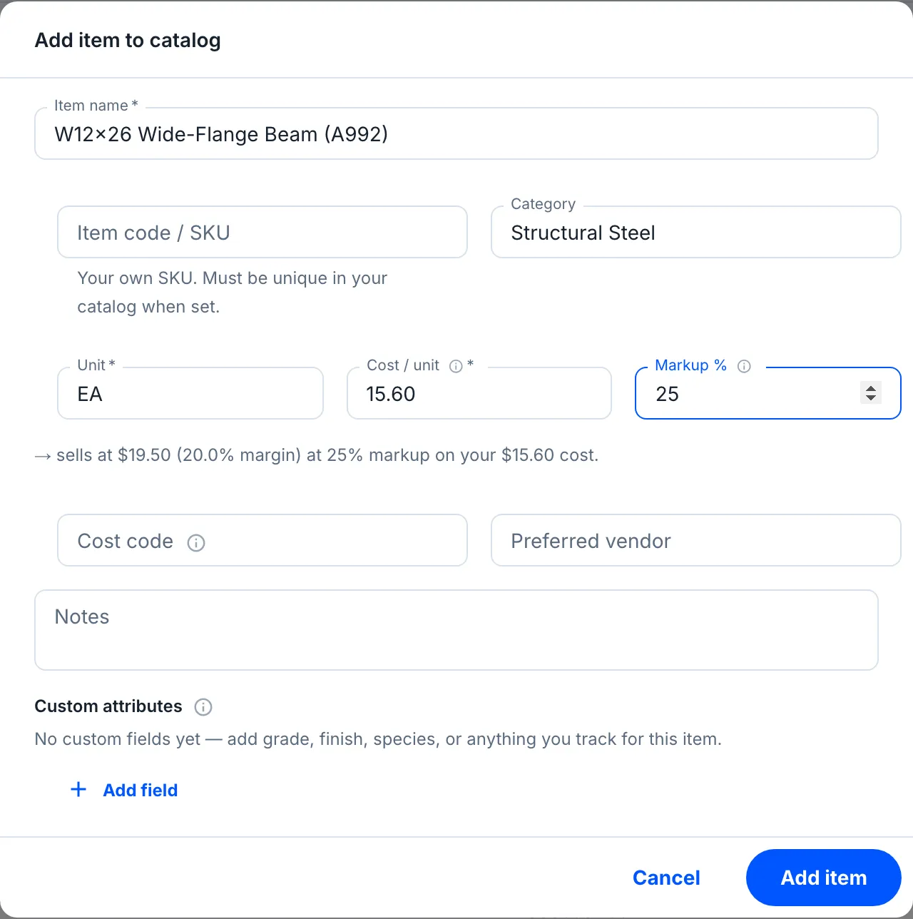Worker Efficiency add-item-to-catalog form for a W12×26 wide-flange beam: unit, cost per unit and markup, with the price it sells at and its margin shown before saving.