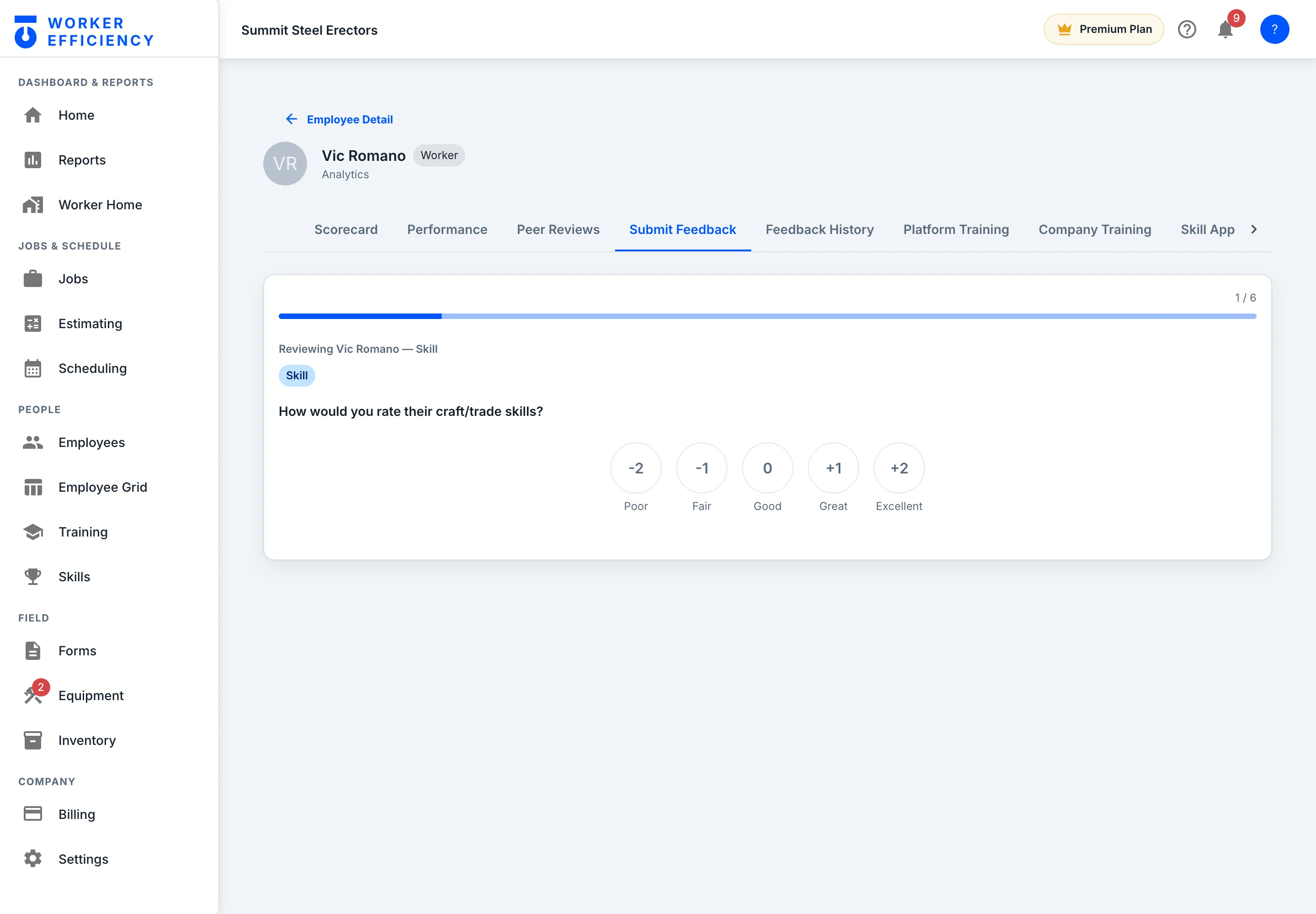 Worker Efficiency Submit Feedback tab on Vic Romano's profile at Summit Steel Erectors, our demo company: question 1 / 6, Reviewing Vic Romano — Skill, asking How would you rate their craft/trade skills? with five choices: -2 Poor, -1 Fair, 0 Good, +1 Great, +2 Excellent