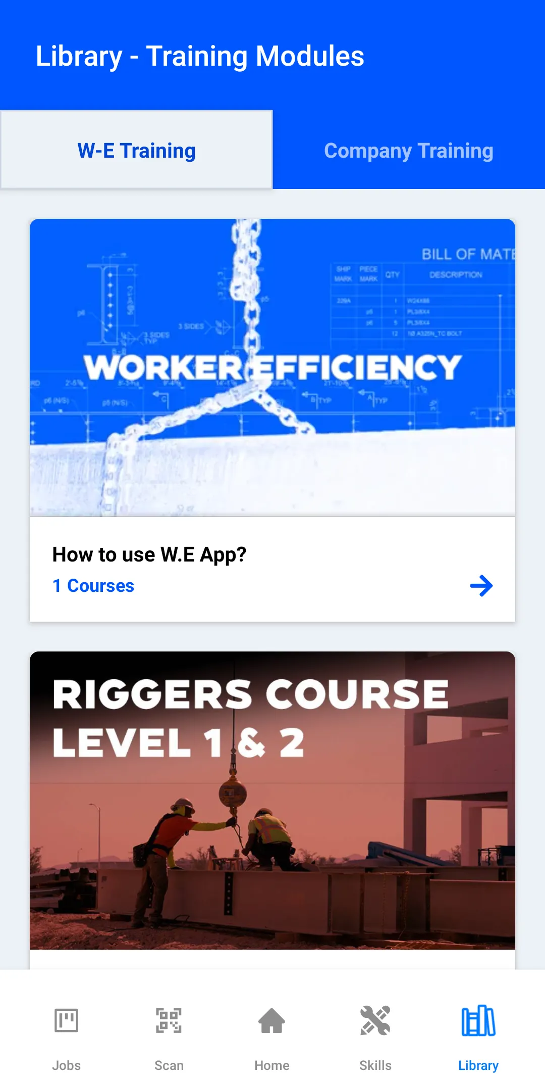 Worker Efficiency Android app Library — Training Modules, W-E Training tab: the How to use W.E App? course and the Riggers Course Level 1 & 2
